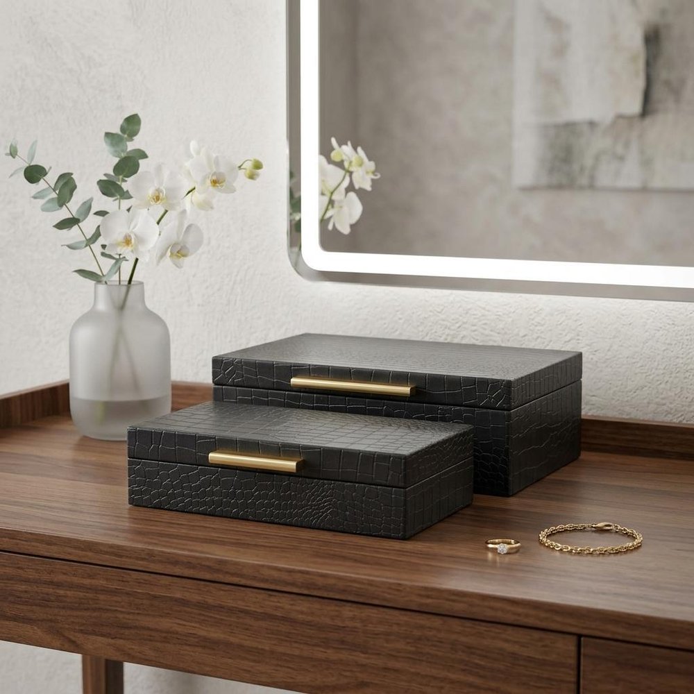 12" Set Of Two Black Solid Wood Jewelry Box With Decorative Hardware