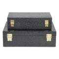 12" Set Of Two Black Solid Wood Jewelry Box With Decorative Hardware. Jewelry boxe isolated on a plain white background, showing a black wood surface.