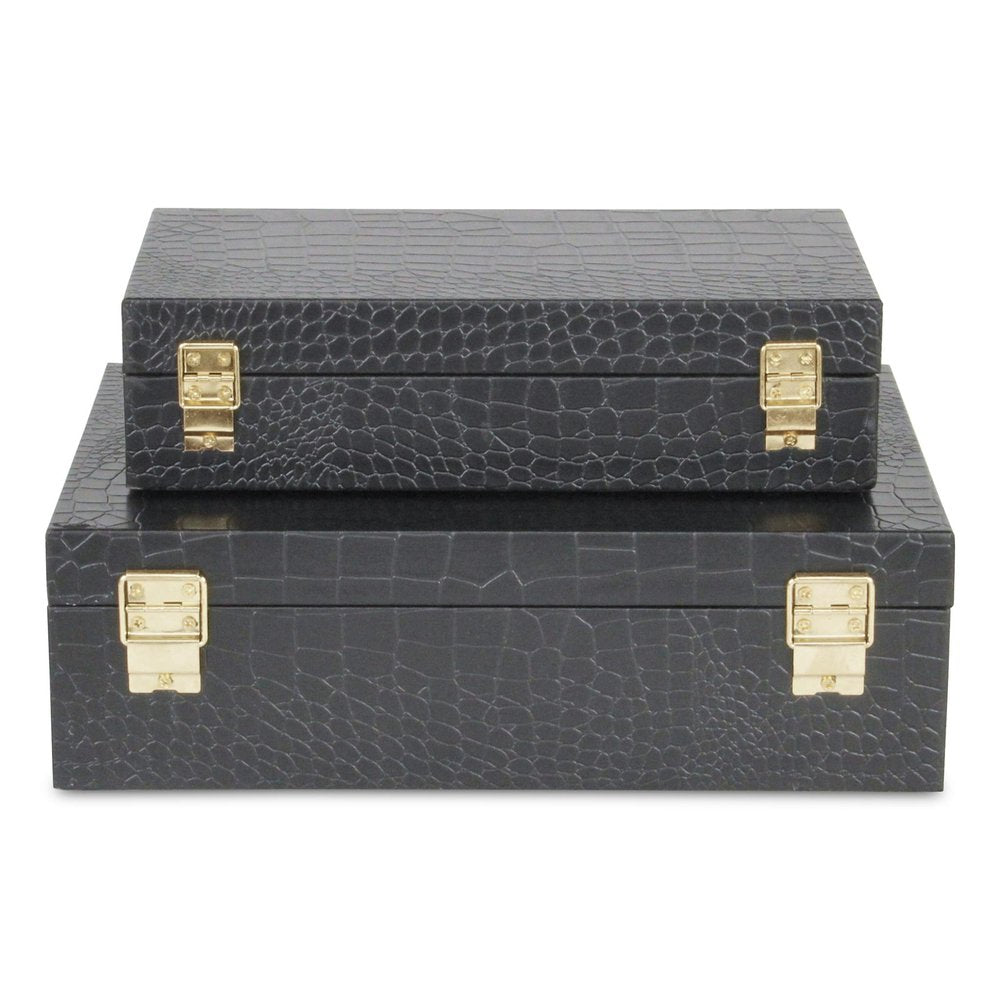 12" Set Of Two Black Solid Wood Jewelry Box With Decorative Hardware