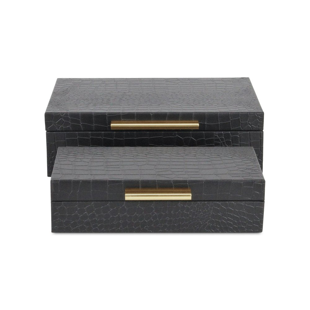 12" Set Of Two Black Solid Wood Jewelry Box With Decorative Hardware