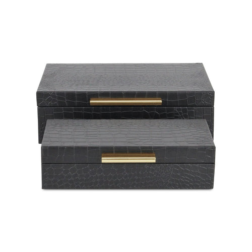 12" Set Of Two Black Solid Wood Jewelry Box With Decorative Hardware