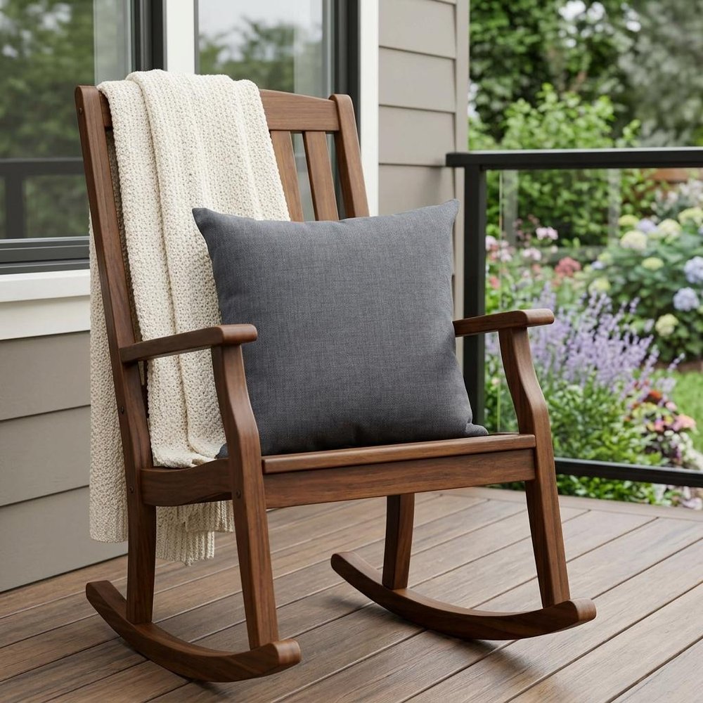 22" Granite Gray Indoor Outdoor Throw Pillow shown outdoors on a patio with greenery.
