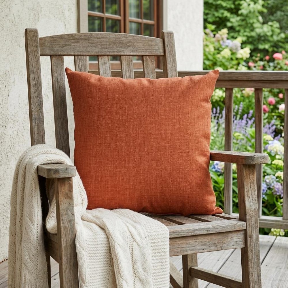 22" Orange Indoor Outdoor Throw Pillow shown outdoors on a patio with greenery.