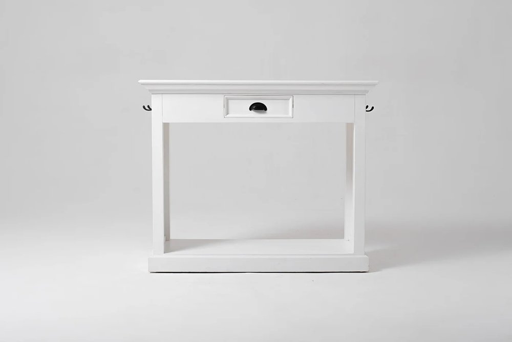 White solid wood console table with a drawer and curved metal handles on a white background.