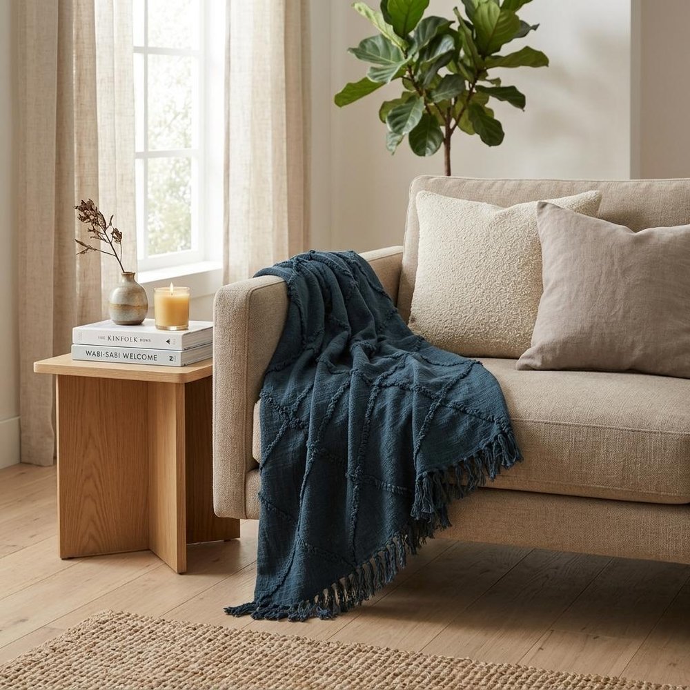 Teal Blue Woven 100% Woven Textured Cotton Throw Blanket in a home interior