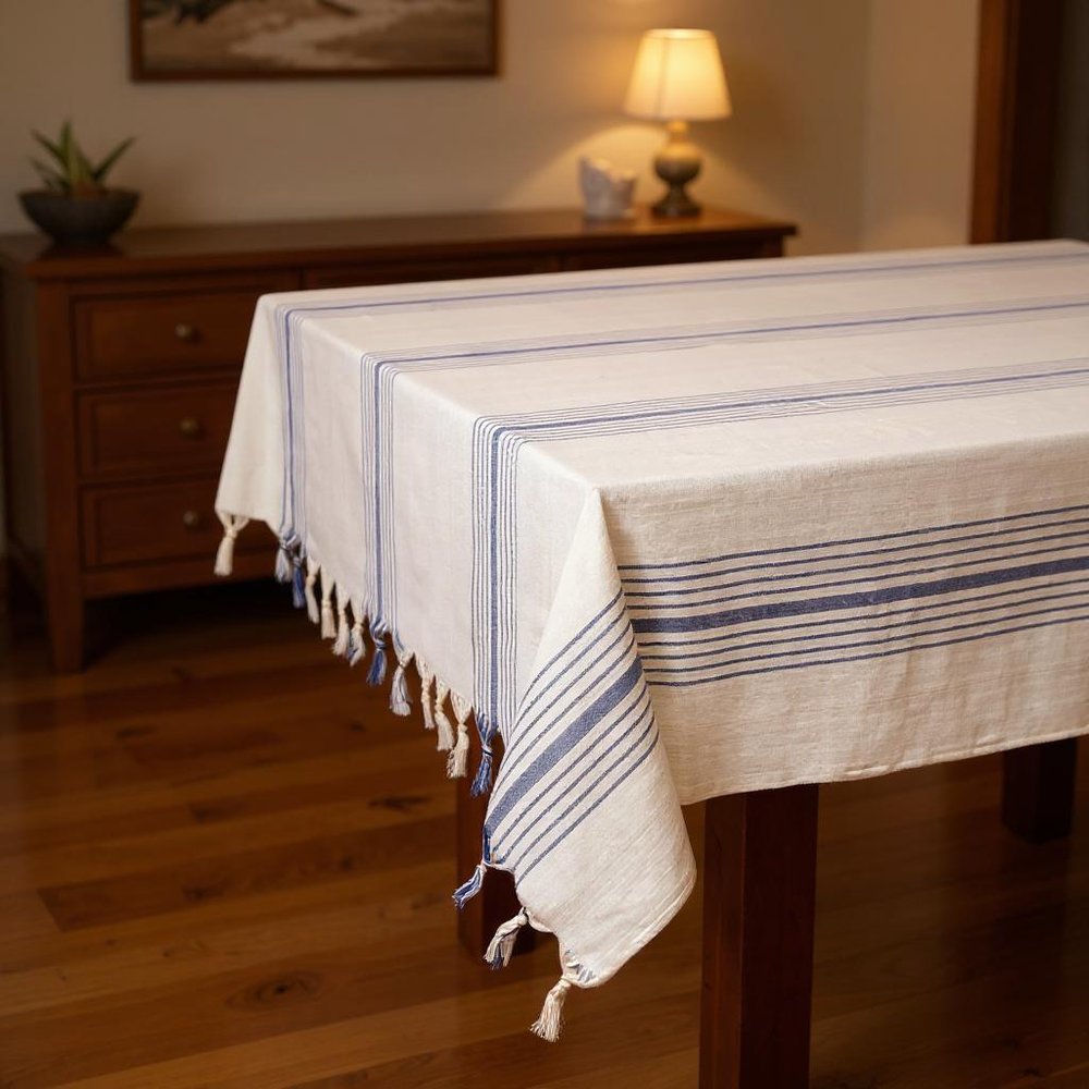 71" x 95" Cream And Blue Striped Cotton Tablecloth And Napkins Set - SKU 518962