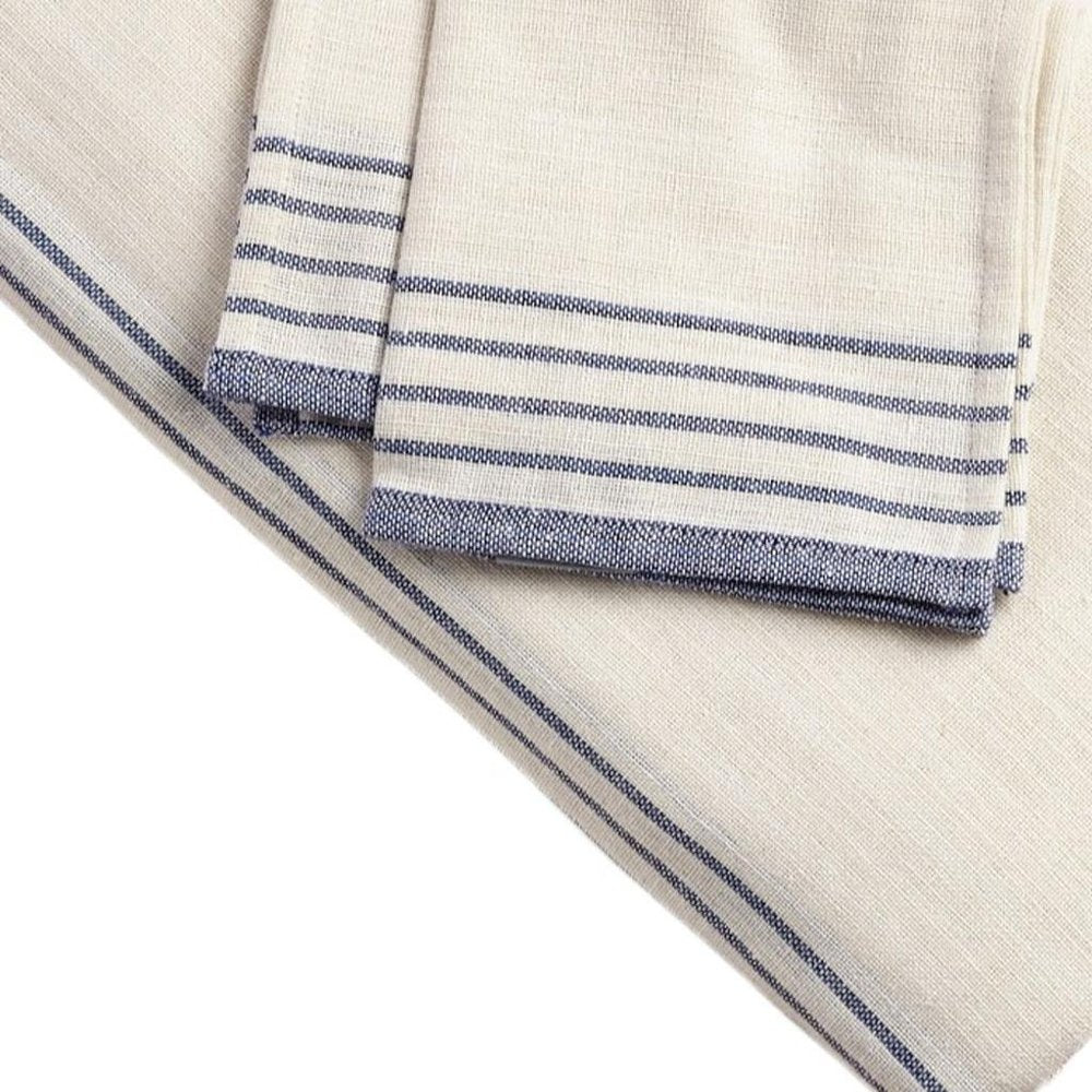 71" x 95" Cream And Blue Striped Cotton Tablecloth And Napkins Set - SKU 518962 on a white background