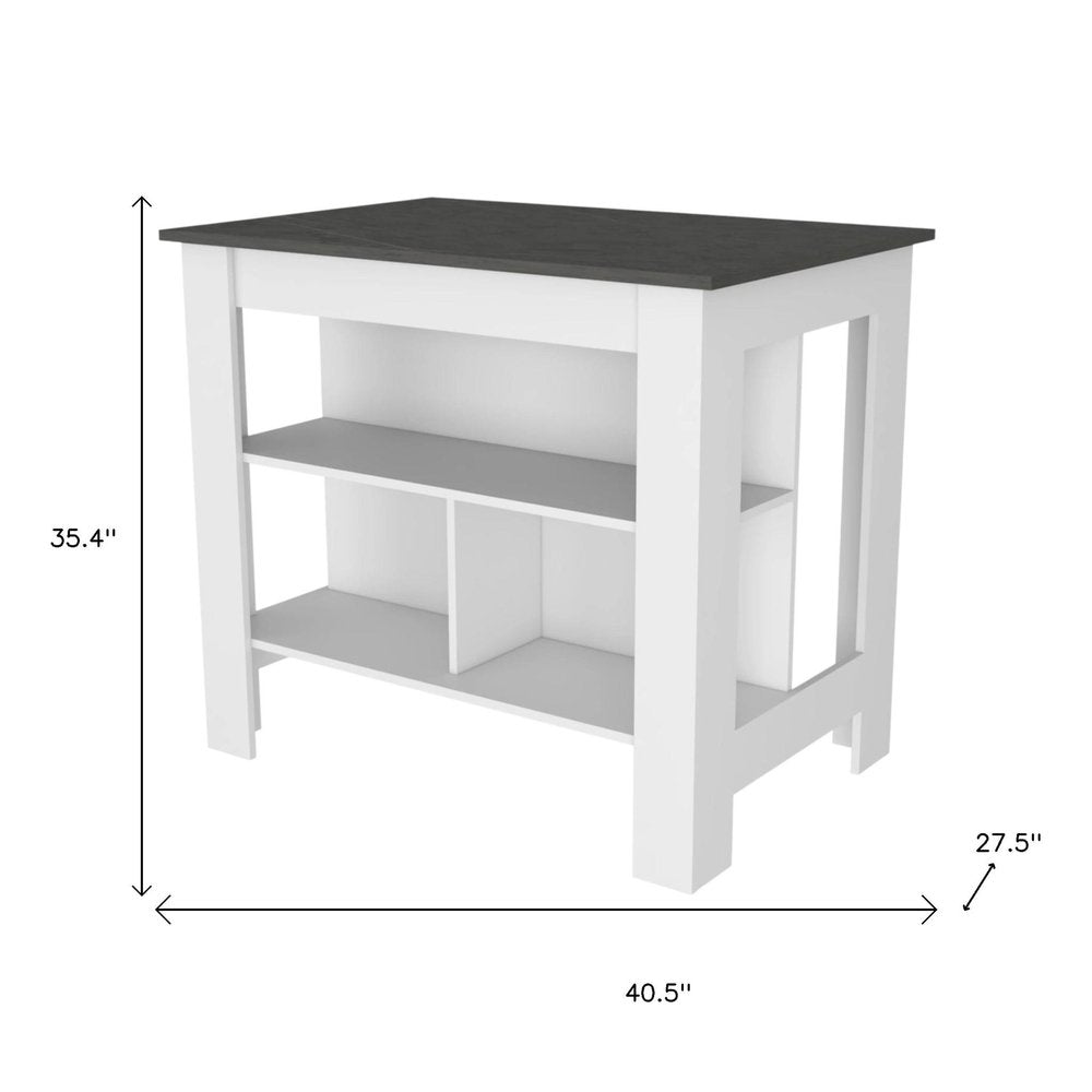 41" Gray and White Wood Kitchen Island Set With Storage. Kitchen cart isolated on a plain white background, showing a white wood surface.