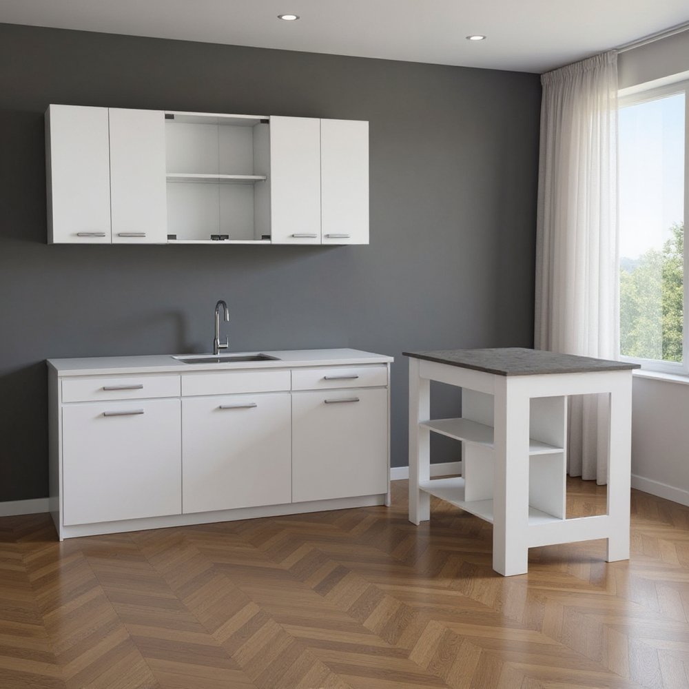 41" Gray and White Wood Kitchen Island Set With Storage styled in a furnished interior with a dark wall on a dark wood floor.