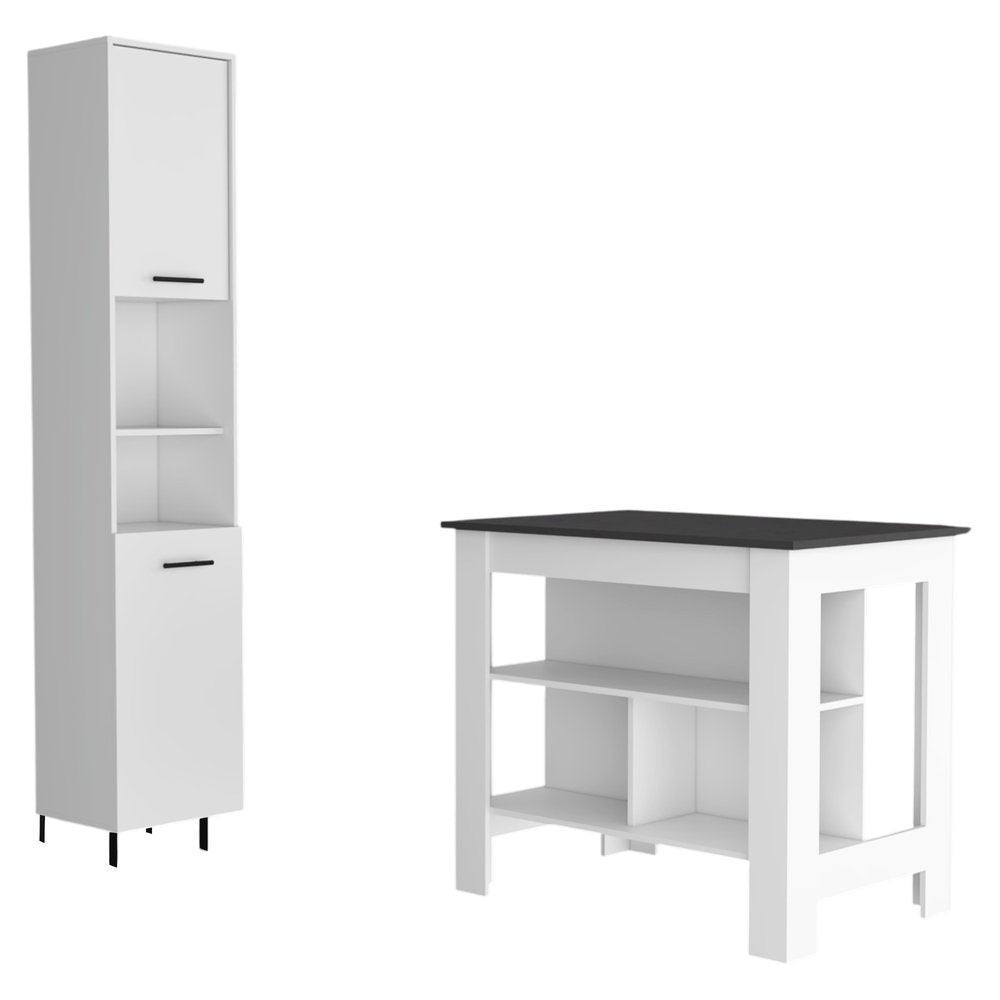 White tall cabinet with black handles and a white kitchen island with a dark brown top and shelves on a white background.