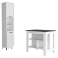 White tall cabinet with black handles and a white kitchen island with a dark brown top and shelves on a white background.