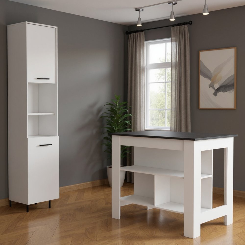 41" Dark Brown and White Wood Kitchen Island Set With Storage - SKU 519046. Kitchen cart in gray wood.