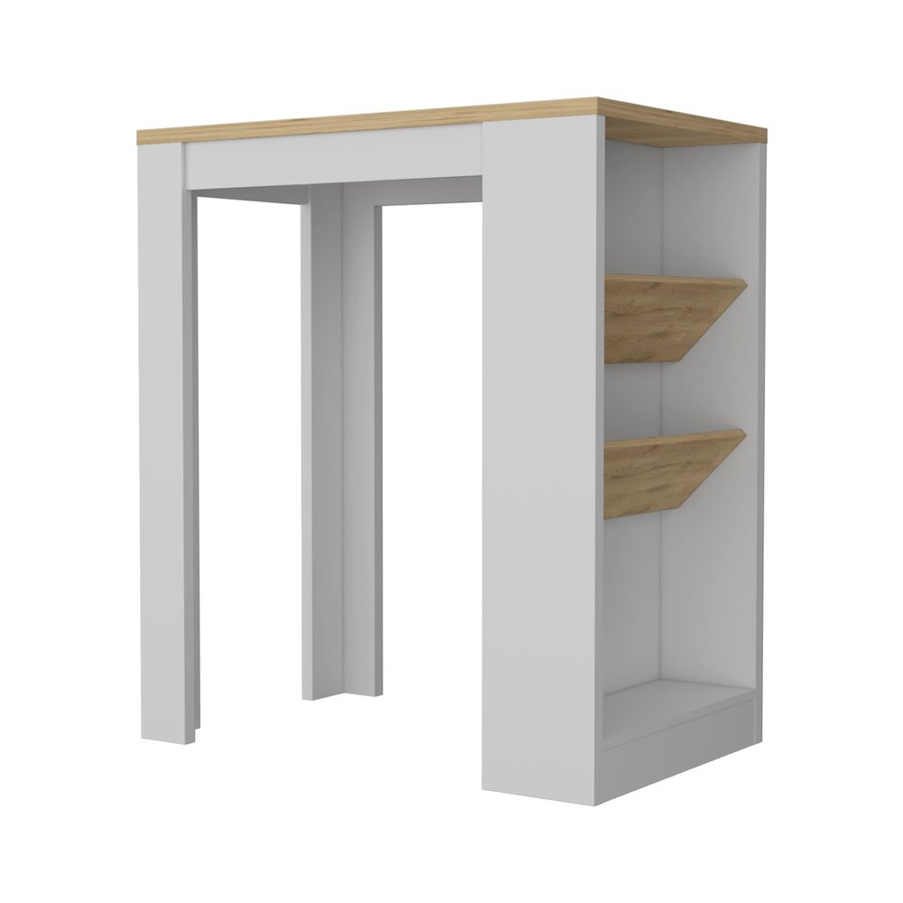 White and natural wood kitchen island with open shelving and a white background.