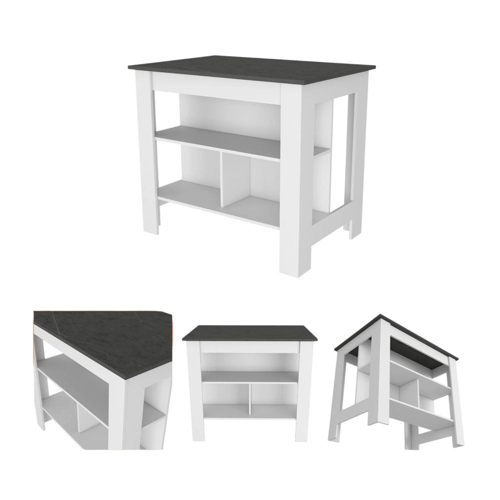 41" Dark Gray and White Wood Kitchen Island Set With Storage. Kitchen cart isolated on a plain white background, showing a charcoal wood surface.