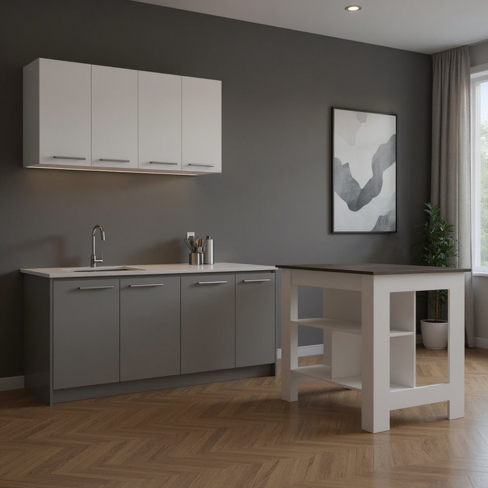 41" Dark Gray and White Wood Kitchen Island Set With Storage styled in a furnished interior with a dark wall on a dark wood floor in charcoal wood.