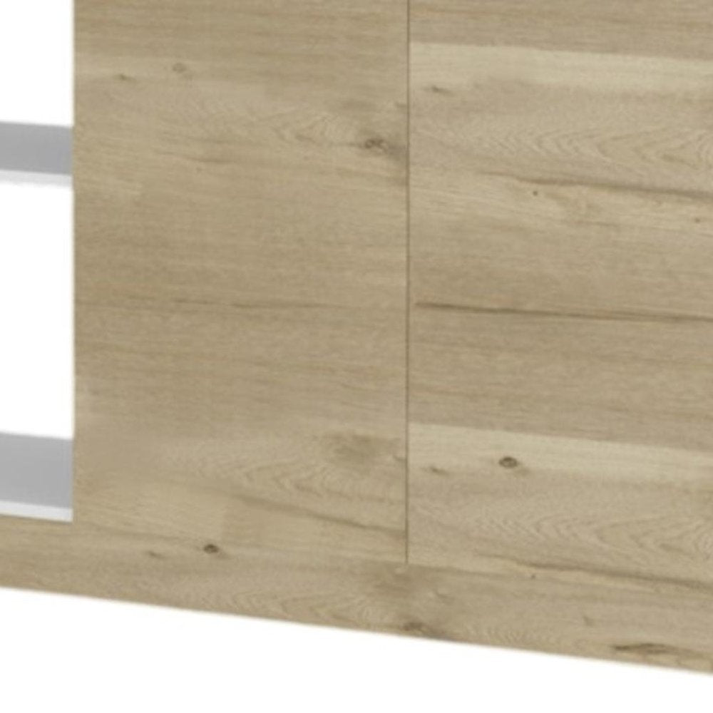 Cropped view of 59" Natural White and Brown Wood Kitchen Island Set With Storage focusing on the white wood surface.