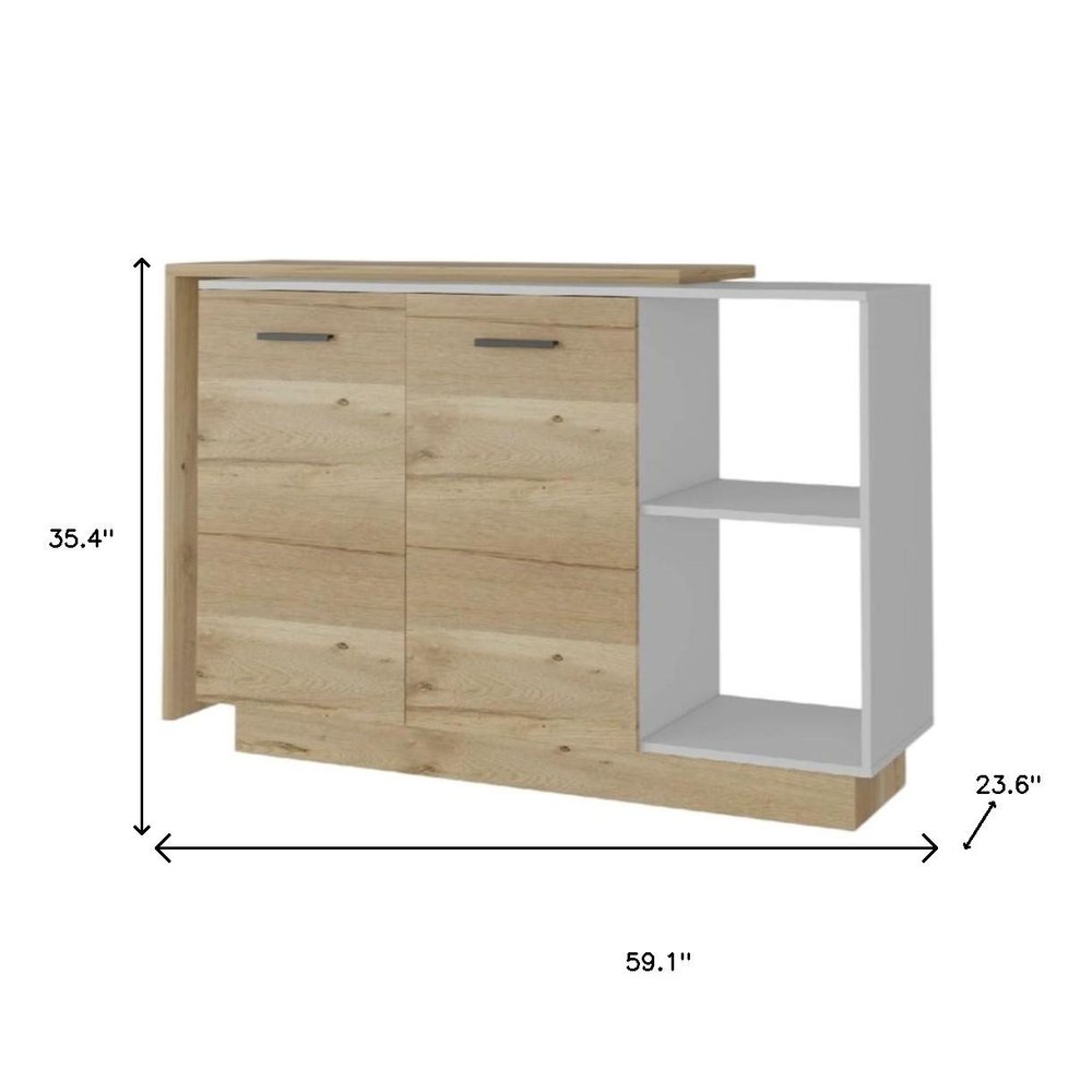 59" Natural White and Brown Wood Kitchen Island Set With Storage. Kitchen cart isolated on a plain white background, finished in white wood.