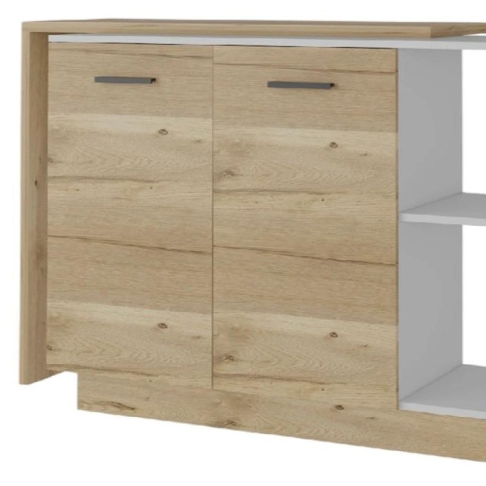 59" Natural White and Brown Wood Kitchen Island Set With Storage. Kitchen cart isolated on a plain white background, showing a brown wood surface.