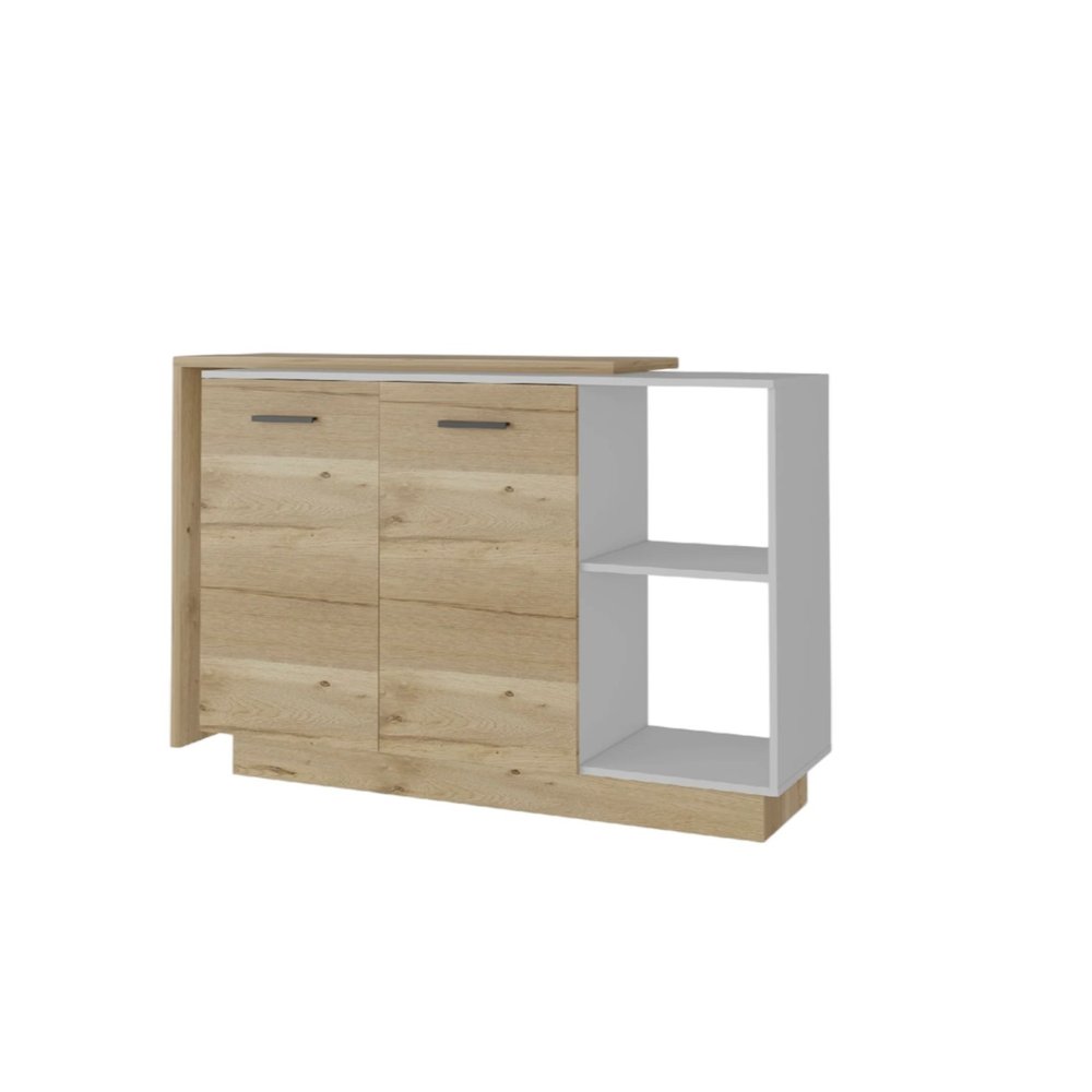 A white and natural wood kitchen island with two cabinet doors and two open shelves against a white background.