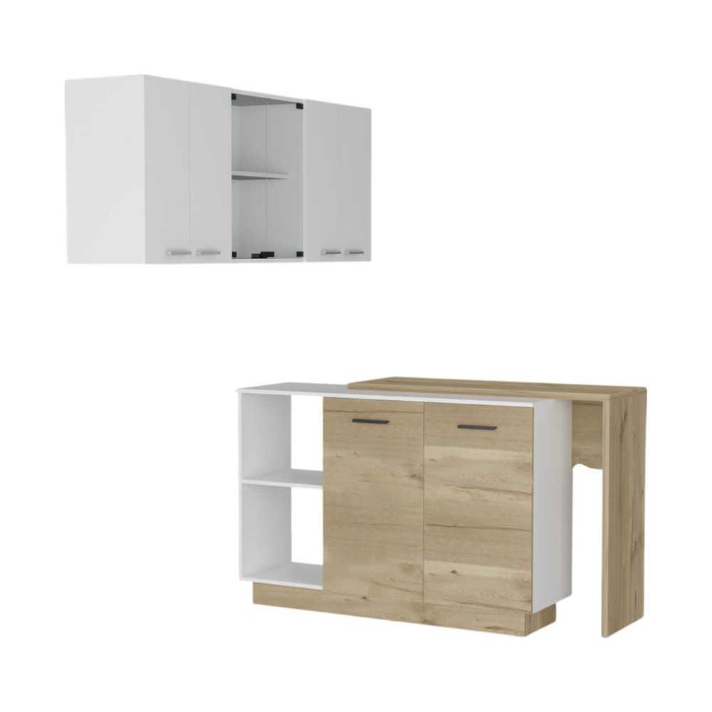 59" Natural White and Brown Wood Kitchen Island Set With Storage. Kitchen cart isolated on a plain white background, in a white wood finish.