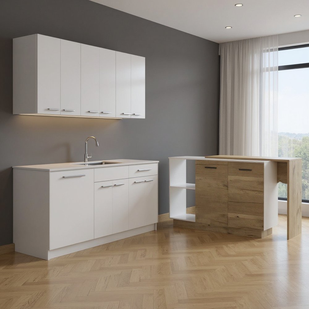 59" Natural White and Brown Wood Kitchen Island Set With Storage. Kitchen cart in brown wood.