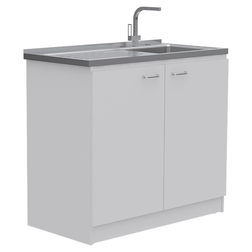 White kitchen island set with a stainless steel sink and faucet, featuring two cabinet doors and a grey countertop.