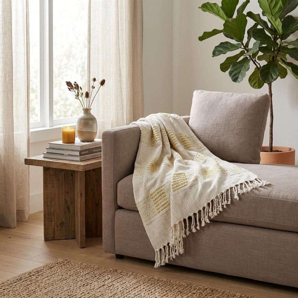 Yellow Woven Cotton Throw Blanket in a home interior