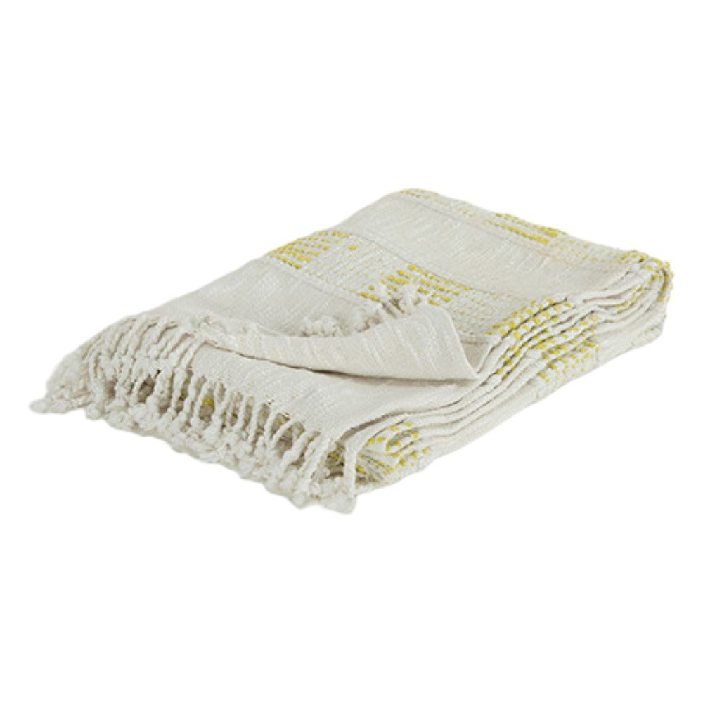 A white woven cotton throw blanket with yellow stripes and fringe, laid out on a white background.