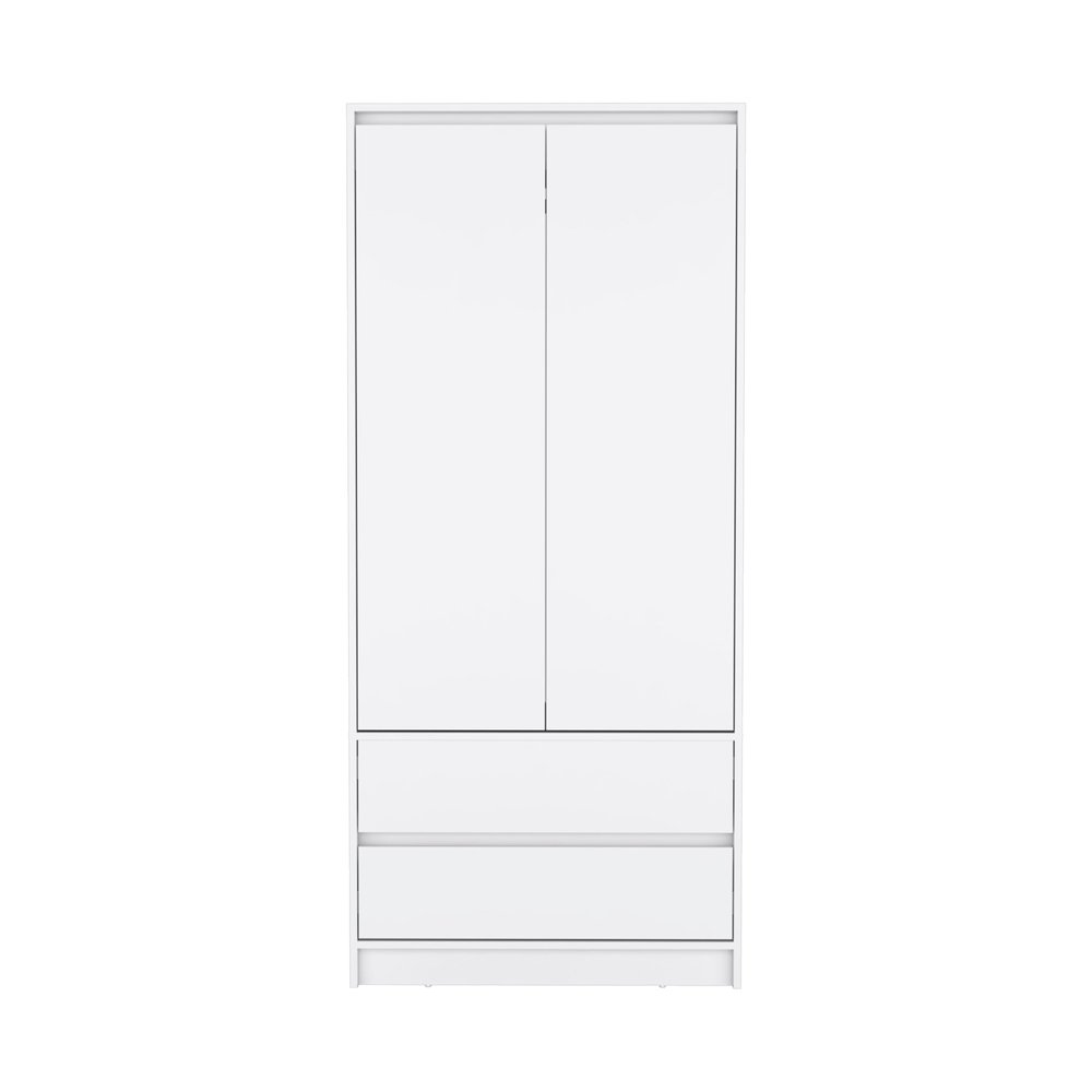 White wood two-door dresser with two drawers against a white background.