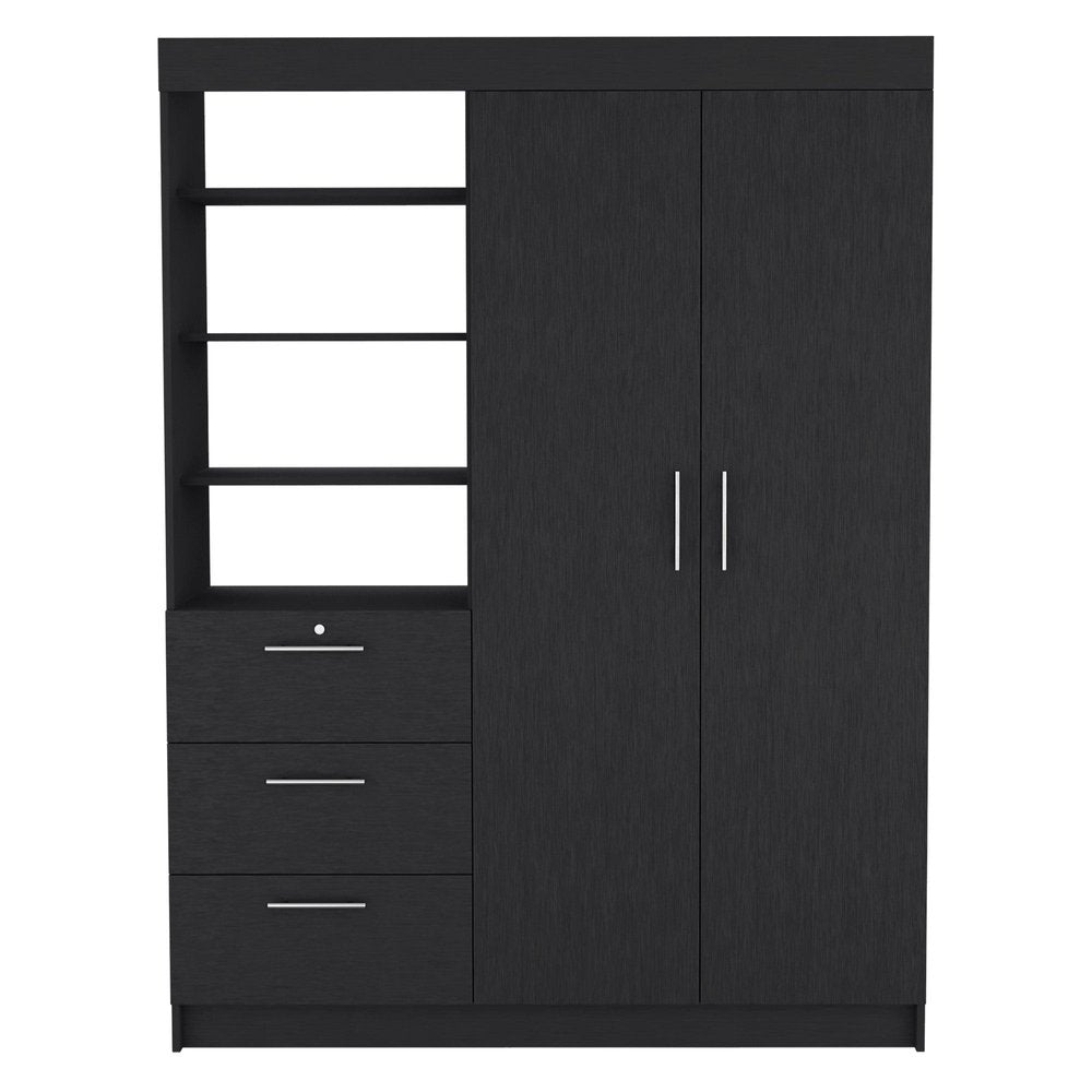Black wood dresser with two doors, three drawers, and open shelves against a white background.