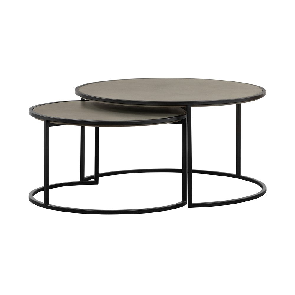 Set of Two 32" Gray And Black Concrete And Metal Round Nested Coffee Tables on a white background