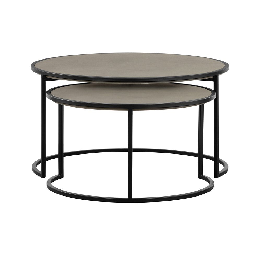 Set of Two 32" Gray And Black Concrete And Metal Round Nested Coffee Tables on a white background