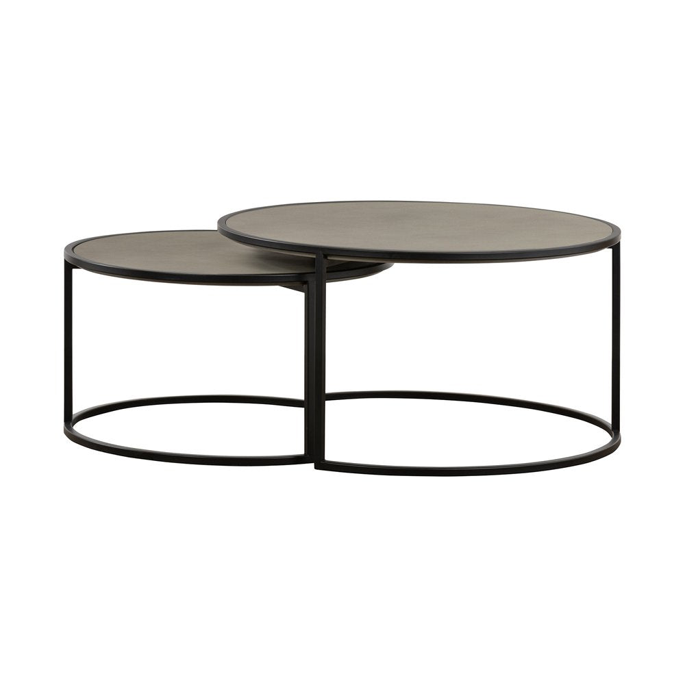 Set of Two 32" Gray And Black Concrete And Metal Round Nested Coffee Tables on a white background