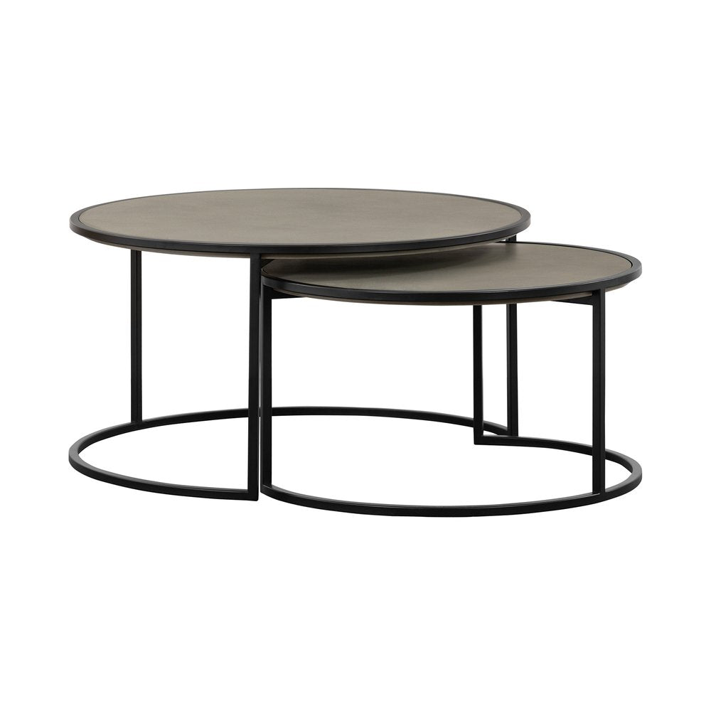 Set of Two 32" Gray And Black Concrete And Metal Round Nested Coffee Tables on a white background