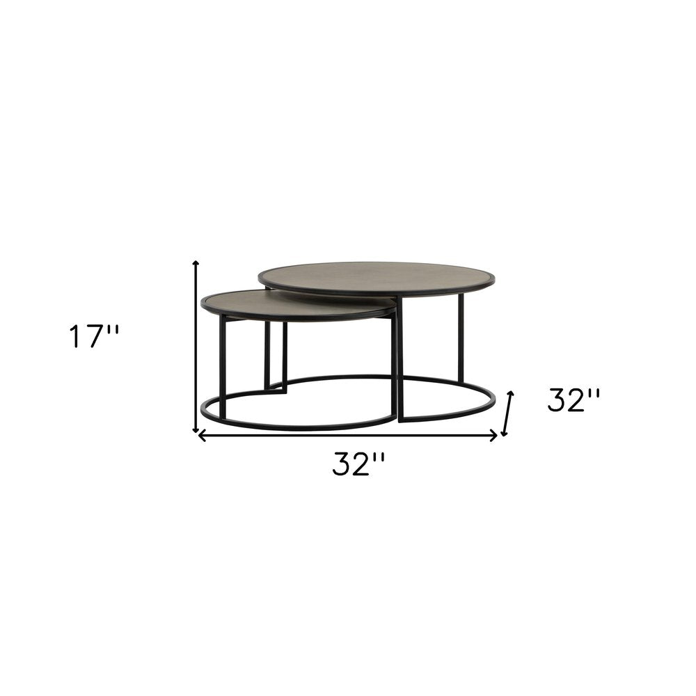 Set of Two 32" Gray And Black Concrete And Metal Round Nested Coffee Tables on a white background