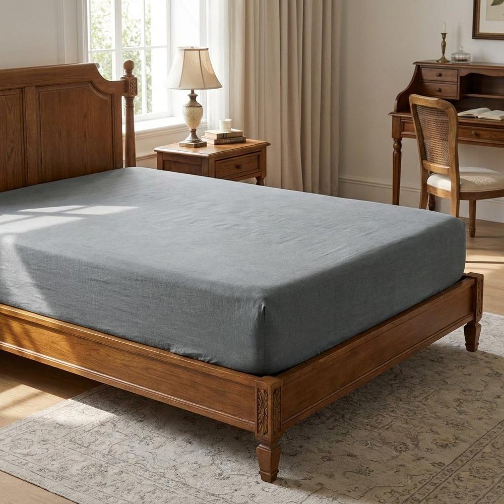 Slate Gray Linen Queen Fitted sheet in a home interior