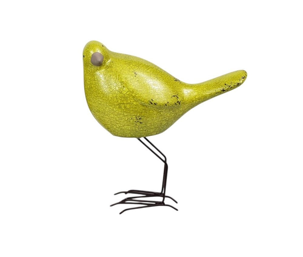 Set of Three Lemongrass Green Polyresin and Metal Bird Sculptures on a white background