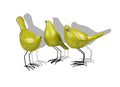 Set of Three Lemongrass Green Polyresin and Metal Bird Sculptures on a white background