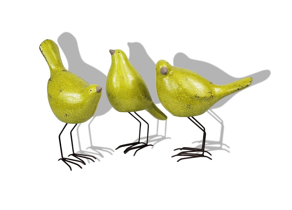Set of Three Lemongrass Green Polyresin and Metal Bird Sculptures on a white background