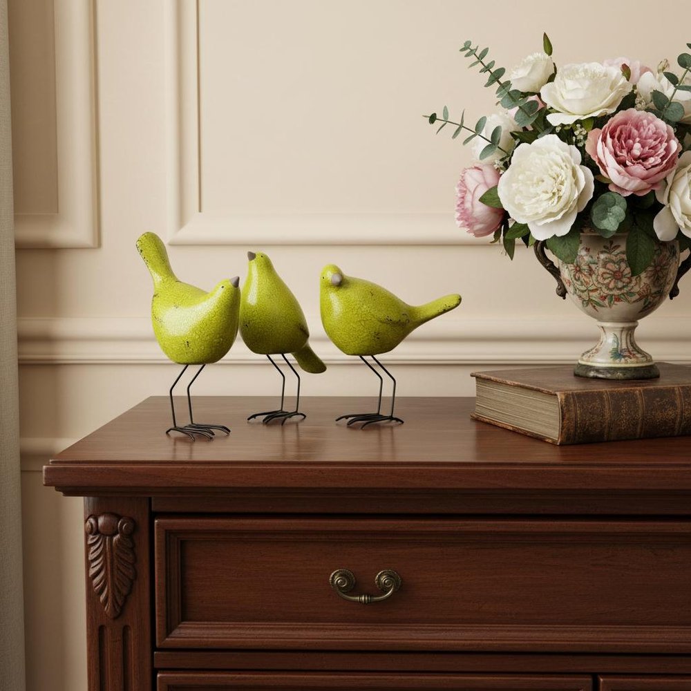 Set of Three Lemongrass Green Polyresin and Metal Bird Sculptures in a home interior
