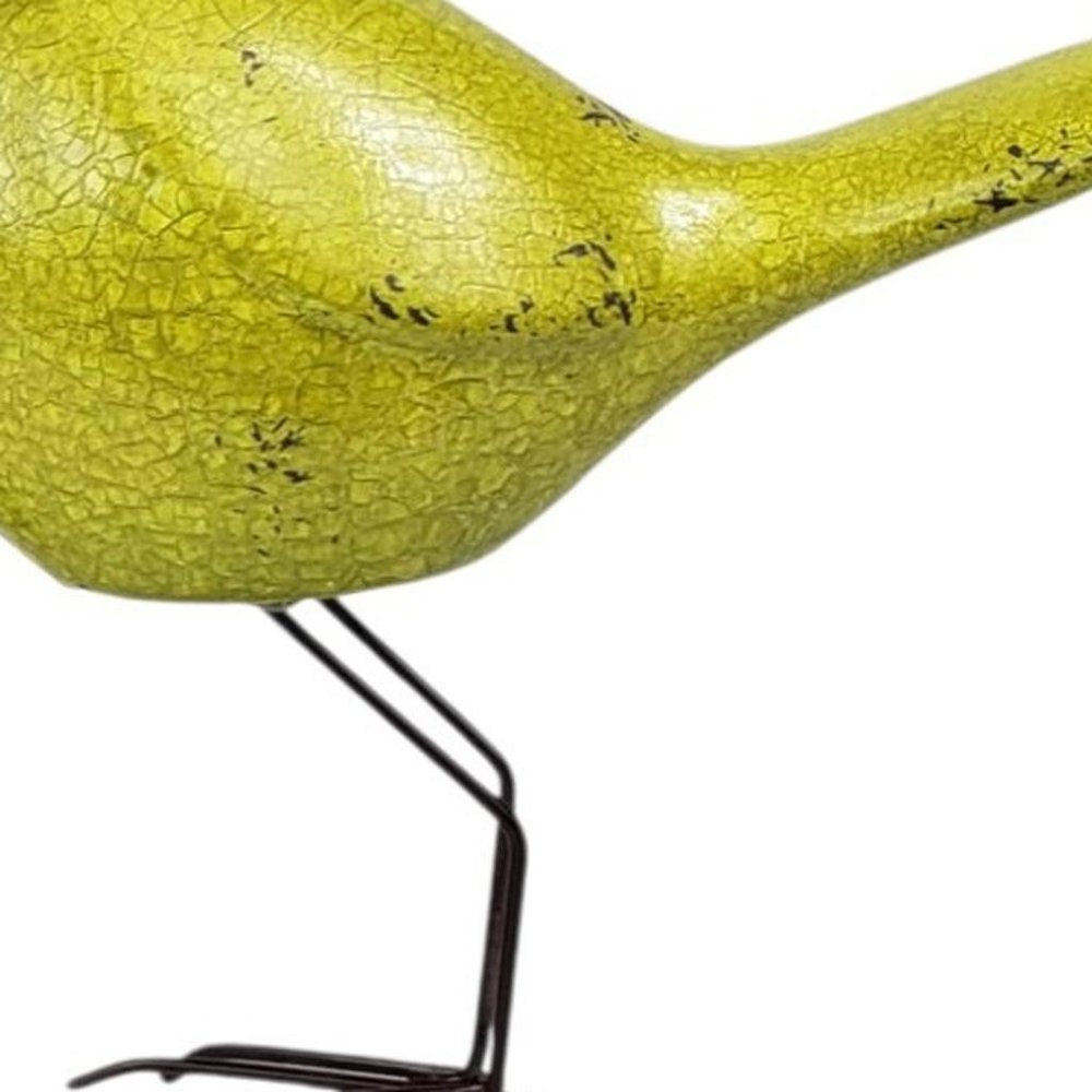Set of Three Lemongrass Green Polyresin and Metal Bird Sculptures on a white background