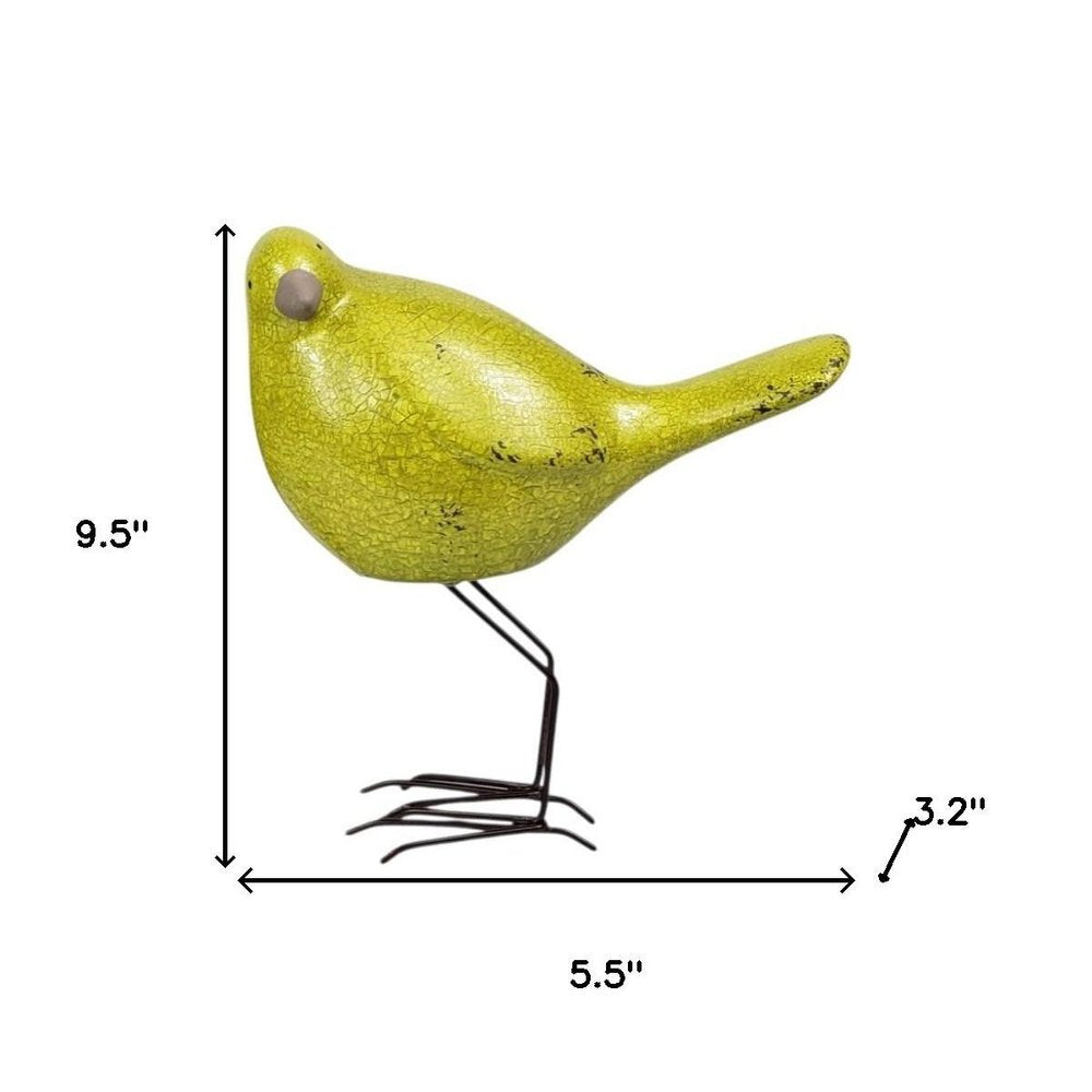 Set of Three Lemongrass Green Polyresin and Metal Bird Sculptures on a white background