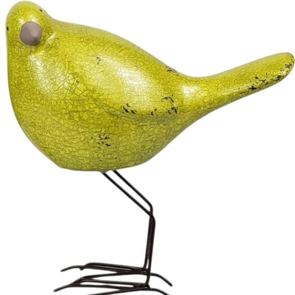 Set of Three Lemongrass Green Polyresin and Metal Bird Sculptures on a white background