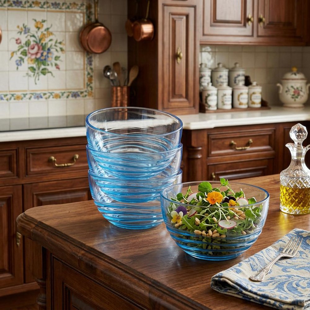 Clear and Blue Four Piece Swirl Acrylic Service For Four Bowl Set in a home interior