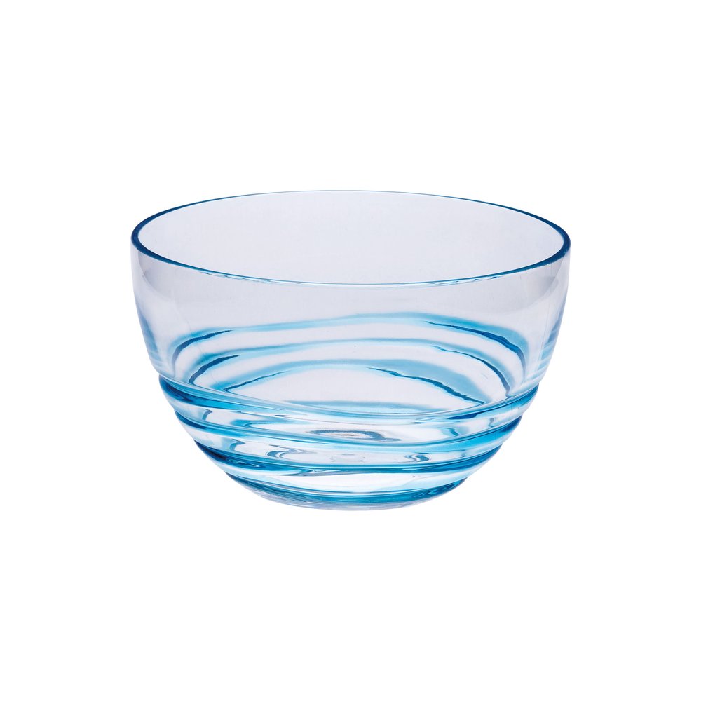 Clear glass bowl with blue swirls, on a white background.