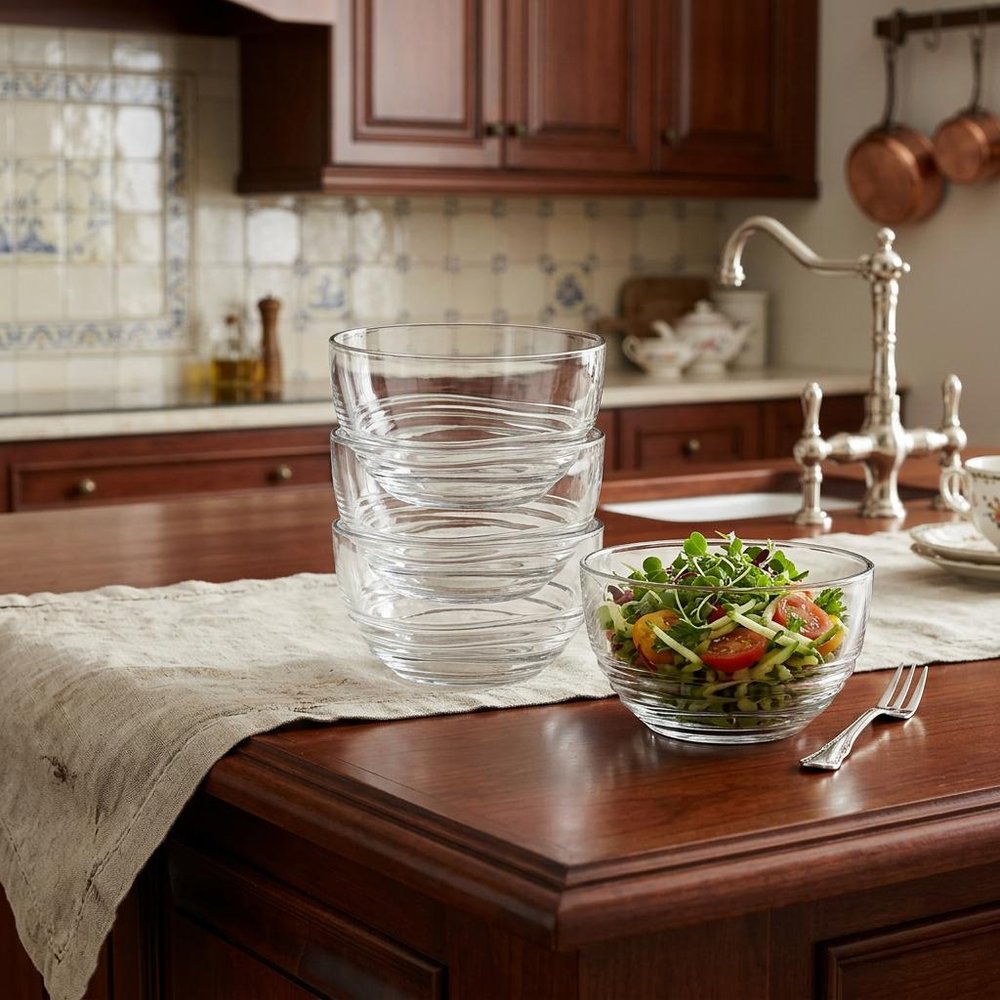 Clear Four Piece Round Swirl Acrylic Service For Four Bowl Set in a home interior