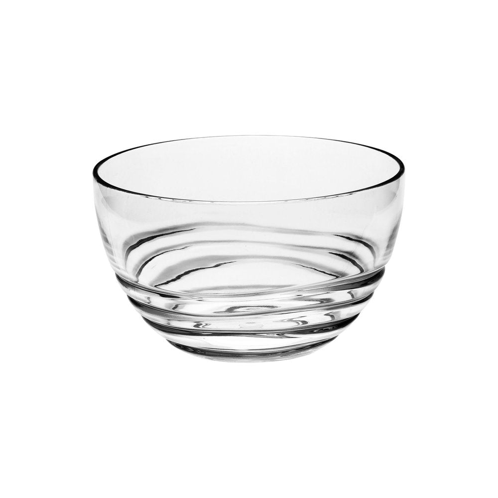 Clear acrylic round bowl with swirl design on white background