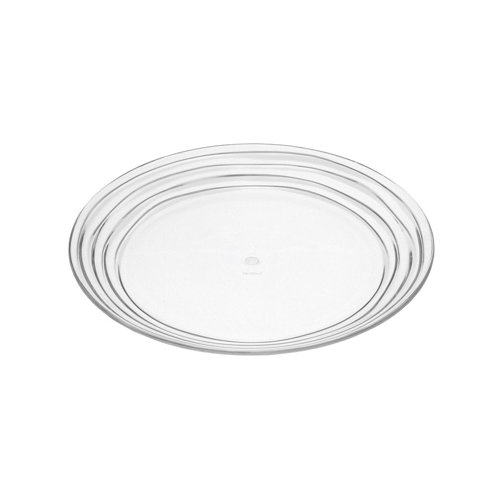Clear round acrylic salad plate with swirl pattern, on a white background.