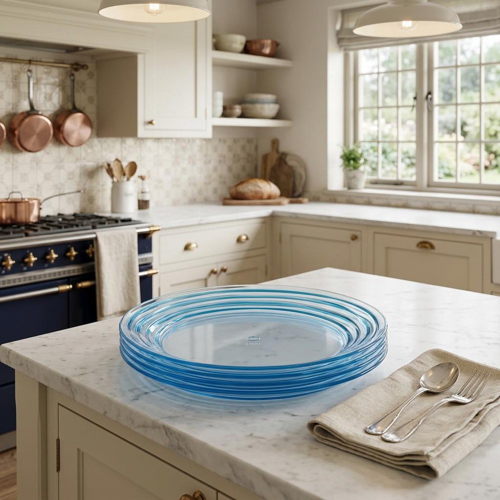 Clear and Blue Four Piece Swirl Acrylic Service For Four Dinner Plate Set in a home interior