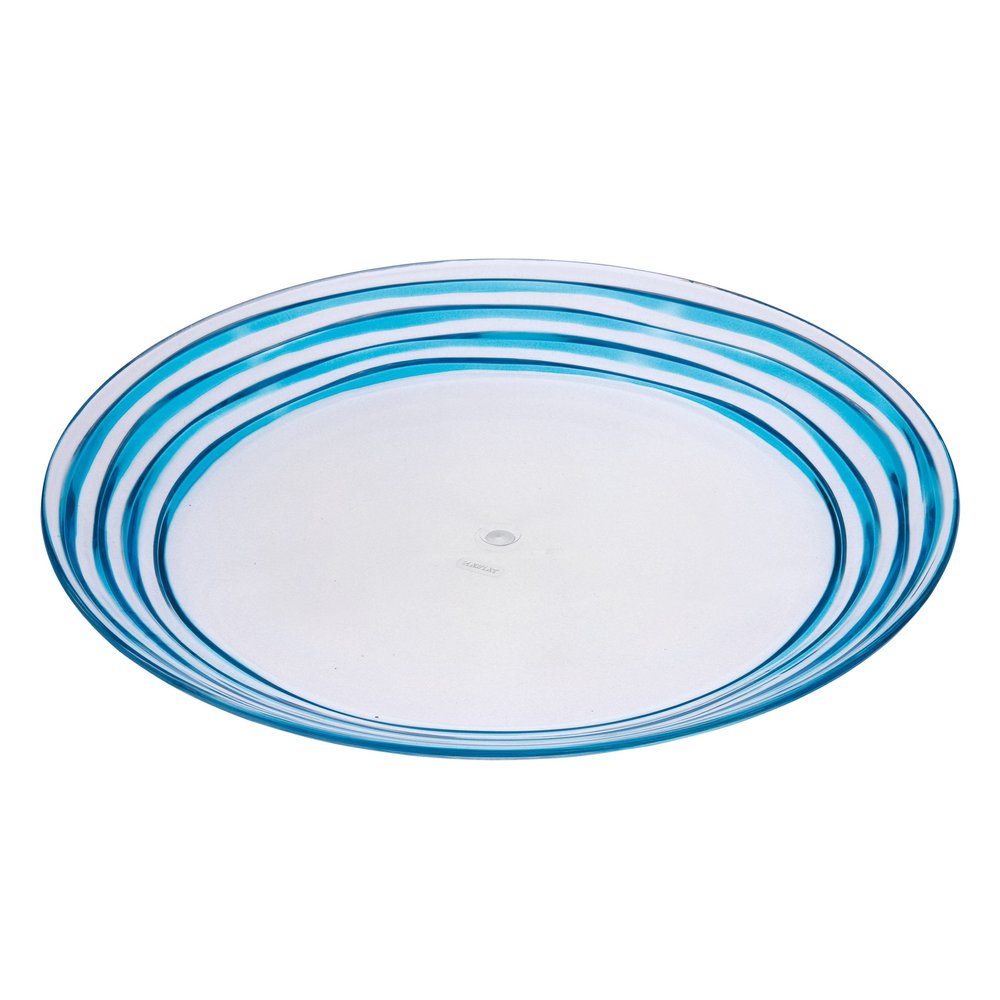 Clear acrylic dinner plate with blue swirl design on the rim, on a white background.